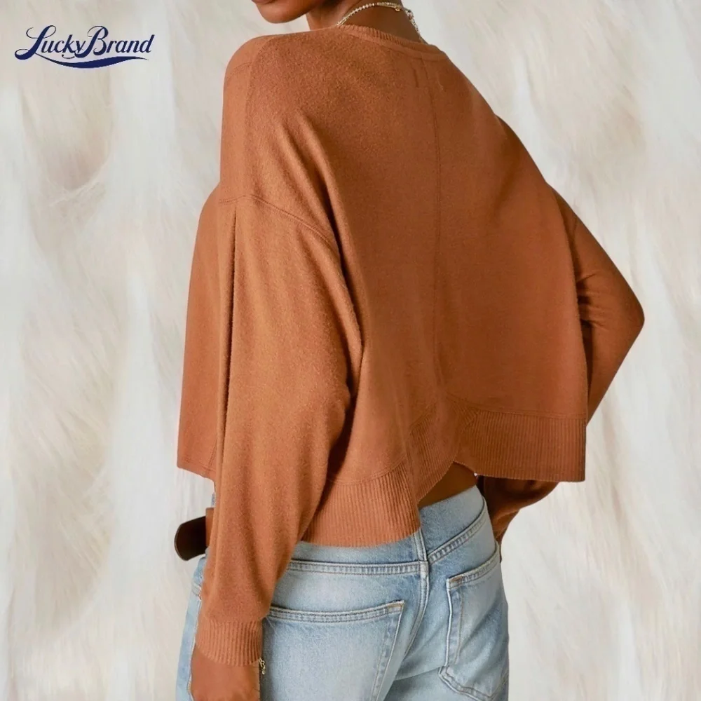 LUCKY BRAND Cloud Jersey Exposed Seam Relaxed Long Sleeve Top-Caramel/Lg/NWT